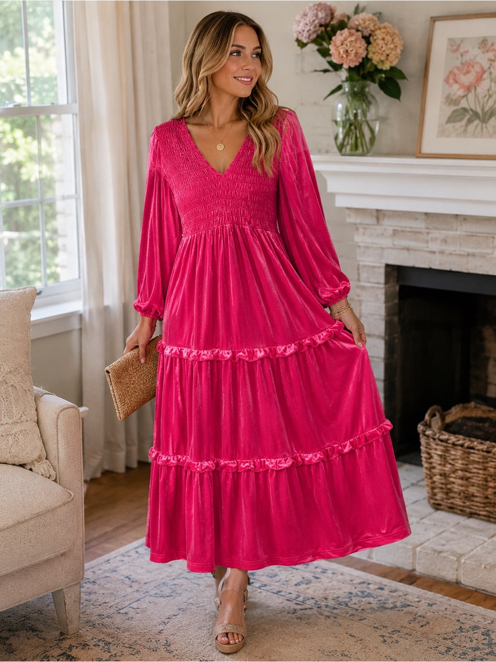 Pink Velvet Smocked Tiered Maxi Dress Long Sleeve V Neck Cottagecore Size L